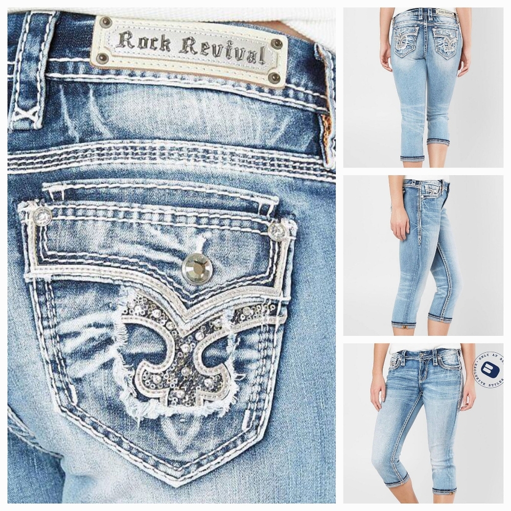 🤘ROCK REVIVAL🎸 YARA EMBELLISHED EMBROIDERED EASY CROP CAPRI JEANS 28